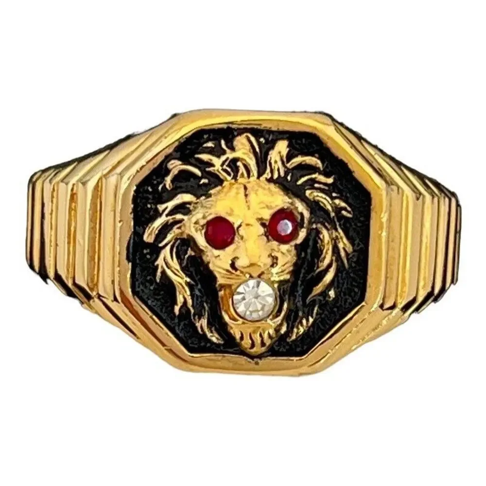 Vintage 1970s Ring Size 12 Clark Coombs Lions Head Crystal Eyes Gold Plate - 14P